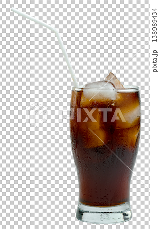 Refreshing glass of cola soda with ice cubes and a white flexible straw. Cold dark fizzy beverage with condensation droplets on the exterior. 138989434
