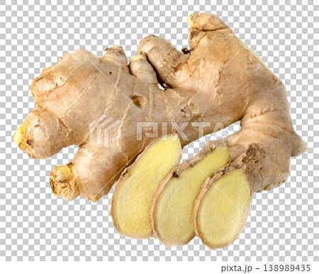 Fresh whole ginger root with three round slices isolated. Organic spicy condiment used for cooking and natural medicine. High quality detailed studio shot of healthy spice. Fresh whole ginger root with three round slices isolated. Organic spicy condiment used for cooking and natural medicine. High quality detailed studio shot of healthy spice. 138989435