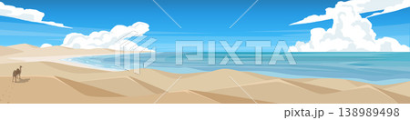 Horizontal or Landscape view of desert dunes with sandy beaches next to the sea. Solitary camel walks along the sand dune gazing out at the sea. Under blue sky and white clouds for banner background. Horizontal or Landscape view of desert dunes with sandy beaches next to the sea. Solitary camel walks along the sand dune gazing out at the sea. Under blue sky and white clouds for banner background. 138989498