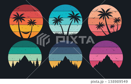 Vector set of sunsets in retro 70s and 90s style. Palm trees and mountains. Vector illustration for T-shirt design. Vector set of sunsets in retro 70s and 90s style. Palm trees and mountains. Vector illustration for T-shirt design. 138989549
