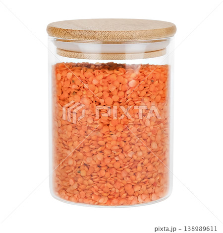 Lentils in a glass jar with a wooden lid, isolated on white background Lentils in a glass jar with a wooden lid, isolated on white background 138989611