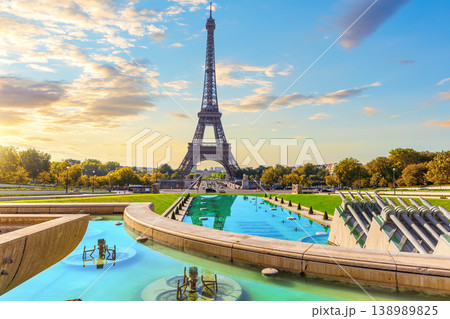 Paris Eiffel Tower view from Trocadero fountain, sunset light, France 138989825