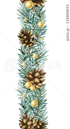 Watercolor Christmas seamless border decoration with vertical spruce branches, gold beads and pine cones. Festive hand drawn garland isolated illustration for greeting card, New Year winter frame Watercolor Christmas seamless border decoration with vertical spruce branches, gold beads and pine cones. Festive hand drawn garland isolated illustration for greeting card, New Year winter frame 138989853
