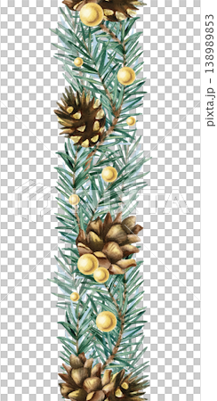 Watercolor Christmas seamless border decoration with vertical spruce branches, gold beads and pine cones. Festive hand drawn garland isolated illustration for greeting card, New Year winter frame Watercolor Christmas seamless border decoration with vertical spruce branches, gold beads and pine cones. Festive hand drawn garland isolated illustration for greeting card, New Year winter frame 138989853