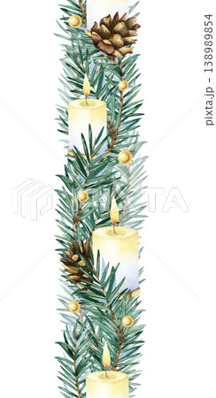 Watercolor Christmas vertical seamless border garland decoration. Spruce branch, burning candle, golden beads and fir cone. New Year repeat ornate. Hand painted isolated illustration, banner, frame Watercolor Christmas vertical seamless border garland decoration. Spruce branch, burning candle, golden beads and fir cone. New Year repeat ornate. Hand painted isolated illustration, banner, frame 138989854