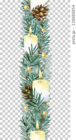 Watercolor Christmas vertical seamless border garland decoration. Spruce branch, burning candle, golden beads and fir cone. New Year repeat ornate. Hand painted isolated illustration, banner, frame Watercolor Christmas vertical seamless border garland decoration. Spruce branch, burning candle, golden beads and fir cone. New Year repeat ornate. Hand painted isolated illustration, banner, frame 138989854
