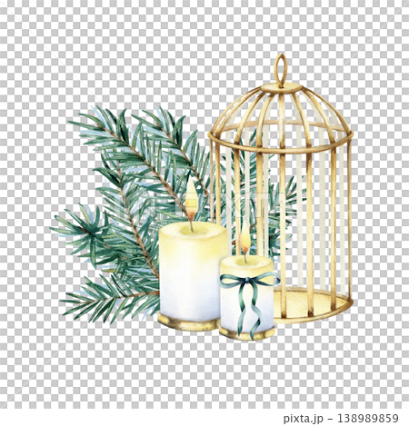 Watercolor illustration golden birdcage surrounded by spruce branches and burning candles. Festive winter composition, vintage style Christmas o wedding decor. Hand drawn isolated rustic design Watercolor illustration golden birdcage surrounded by spruce branches and burning candles. Festive winter composition, vintage style Christmas o wedding decor. Hand drawn isolated rustic design 138989859