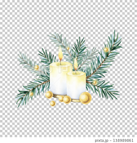 Watercolor Christmas decoration spruce branches with burning candles, golden beads. New Year composition with fir branch. Hand painted isolated illustration. Holiday greeting card design, packaging Watercolor Christmas decoration spruce branches with burning candles, golden beads. New Year composition with fir branch. Hand painted isolated illustration. Holiday greeting card design, packaging 138989861
