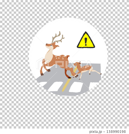 An illustration of a mother deer and her fawn crossing a road, along with a warning sign. An illustration of a mother deer and her fawn crossing a road, along with a warning sign. 138990198