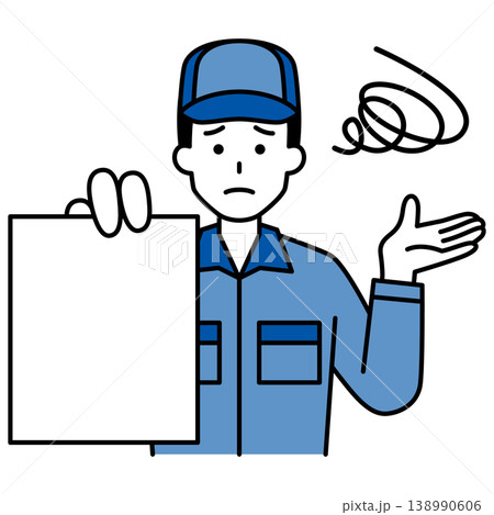 書類を見せて困るつなぎ作業服の男性 書類を見せて困るつなぎ作業服の男性 138990606
