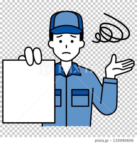 書類を見せて困るつなぎ作業服の男性 書類を見せて困るつなぎ作業服の男性 138990606