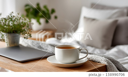 Tea cup steam bed bedroom laptop cozy morning tea cup with steam on wooden table near bed and laptop, soft daylight, calm home interior, relaxing atmosphere, comfortable weekend lifestyle 138990706