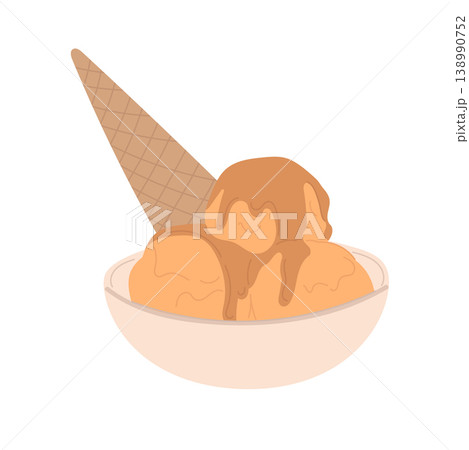 Caramel ice cream balls in a bowl with a waffle cone, sweet frozen dessert, creamy summer treat, minimalist flat vector illustration isolated on white background. 138990752