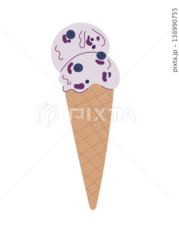 Blueberry ice cream scoops in a waffle cone, berry frozen dessert, summer sweet treat, flat vector illustration isolated on white background. 138990755