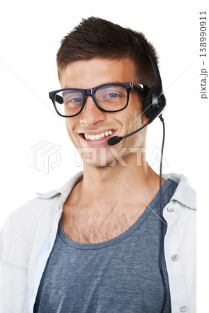 Portrait, call center and business man in glasses, headphones and microphone isolated on white background. Sales agent, telemarketing and happy consultant in customer service, crm or support in Spain Portrait, call center and business man in glasses, headphones and microphone isolated on white background. Sales agent, telemarketing and happy consultant in customer service, crm or support in Spain 138990911