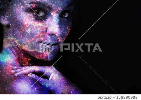 Woman, portrait and double exposure for universe, stars or fantasy for art, cosmos and shine by black background. Girl, mockup space or overlay with galaxy, nebula or milky way with night sky on face 138990988
