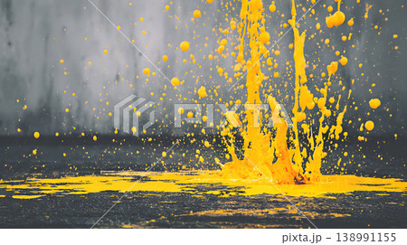 Yellow paint splash splatter droplet spray spill puddle concrete floor, bright liquid burst with flying drop, messy abstract background for energy, creativity, accident concept 138991155