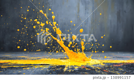 Yellow paint splash droplet abstract background liquid motion texture concrete floor frozen splatter bursting on dark surface, wet pigment stain creating energetic modern art with copy space 138991157