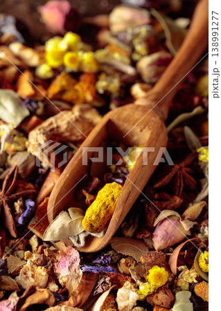 Mixture of dried medicinal herbs, flowers and roots. 138991277