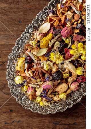 Mixture of dried medicinal herbs, flowers and roots. Mixture of dried medicinal herbs, flowers and roots. 138991278