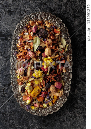 Mixture of dried medicinal herbs, flowers and roots. Mixture of dried medicinal herbs, flowers and roots. 138991279