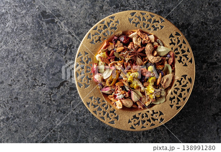 Mixture of dried medicinal herbs, flowers and roots. Mixture of dried medicinal herbs, flowers and roots. 138991280