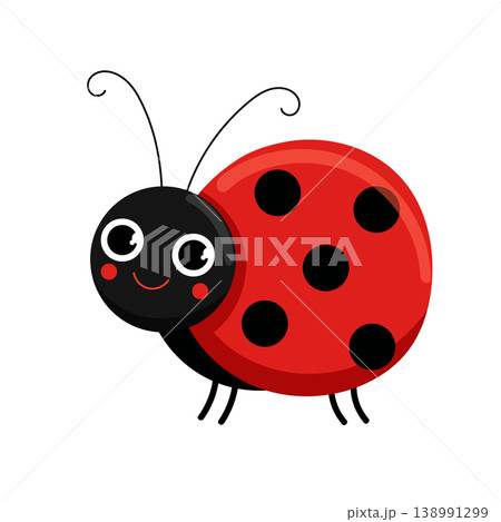 Cute cartoon ladybug with red spotted wings, adorable insect illustration, childish design, flat vector isolated on white background. Cute cartoon ladybug with red spotted wings, adorable insect illustration, childish design, flat vector isolated on white background. 138991299