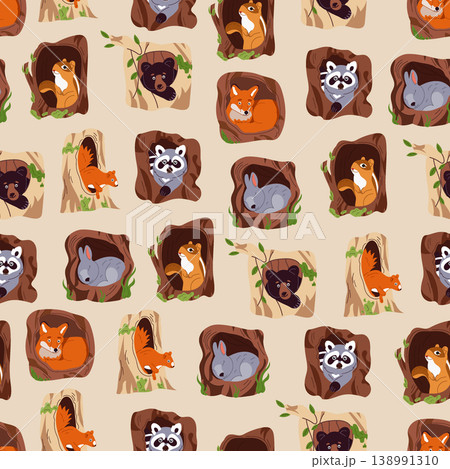 Seamless pattern woodland animals with tree hollows, cute chipmunk rabbit squirrel fox bear raccoon cartoon flat vector background, forest wildlife repeat design Seamless pattern woodland animals with tree hollows, cute chipmunk rabbit squirrel fox bear raccoon cartoon flat vector background, forest wildlife repeat design 138991310