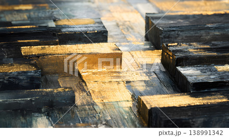 Abstract gold black texture geometric painting brushstroke background, layered acrylic blocks with metallic sheen and rough surface, modern art detail for luxury design mood 138991342