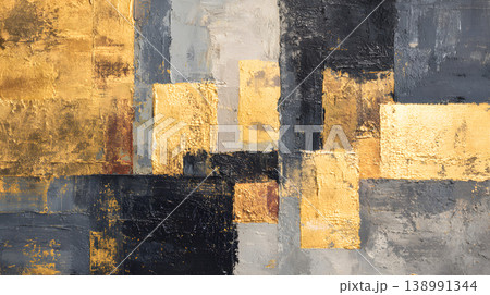 Abstract painting gold texture geometric block gray black modern background with metallic brushstroke on canvas, layered rectangle pattern, neutral wall decor for contemporary interior, calm mood 138991344