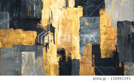 Abstract painting texture gold navy gray geometric brushstroke layered acrylic strokes creating block pattern canvas, metallic shimmer with rugged surface, modern art background for design use 138991345