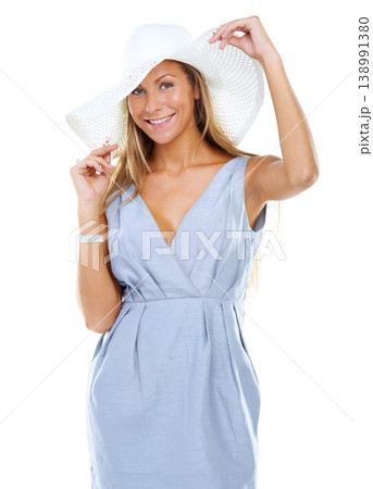 Woman, happy and fashion portrait with designer style, confident and studio mockup. Model, smile face and creative with relax hat, beauty glow and summer on holiday for wellness in white background Woman, happy and fashion portrait with designer style, confident and studio mockup. Model, smile face and creative with relax hat, beauty glow and summer on holiday for wellness in white background 138991380