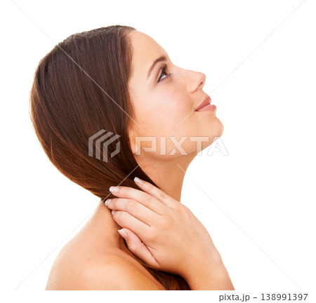 Woman, thinking and happy in studio for hair care, cosmetics and hand with keratin treatment for shine. Person, face and confidence with shampoo, hairstyle and collagen glow for growth and texture Woman, thinking and happy in studio for hair care, cosmetics and hand with keratin treatment for shine. Person, face and confidence with shampoo, hairstyle and collagen glow for growth and texture 138991397