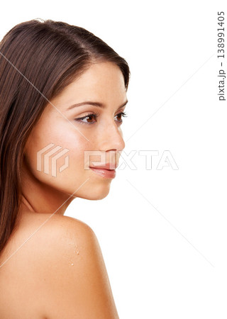 Body, skincare and profile of woman relax in studio, white background or dermatology in beauty salon or spa. Natural, face or girl with cosmetics, facial or treatment for wellness and glow on skin Body, skincare and profile of woman relax in studio, white background or dermatology in beauty salon or spa. Natural, face or girl with cosmetics, facial or treatment for wellness and glow on skin 138991405