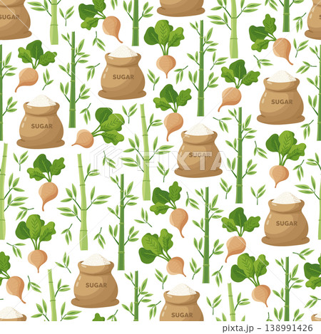 Seamless pattern with sugar bags, sugarcane stems and sugar beet roots, natural sweetener background, organic food concept, flat vector illustration. Seamless pattern with sugar bags, sugarcane stems and sugar beet roots, natural sweetener background, organic food concept, flat vector illustration. 138991426