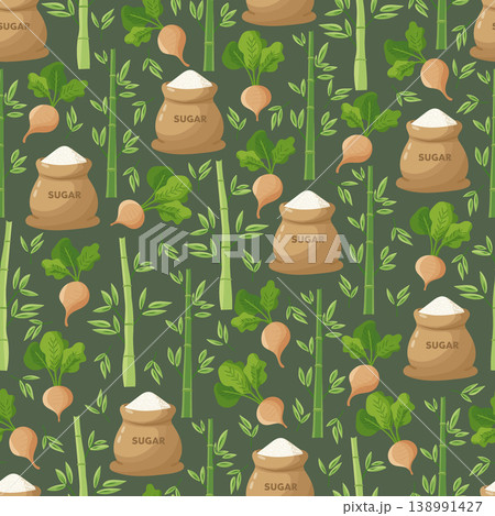 Seamless pattern with sugar bags, sugarcane stems and sugar beet roots, natural sweetener background, organic food concept, flat vector illustration. Seamless pattern with sugar bags, sugarcane stems and sugar beet roots, natural sweetener background, organic food concept, flat vector illustration. 138991427