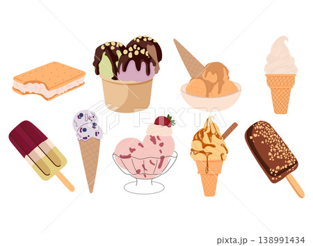 Set of ice cream desserts. Cones, popsicles, sundaes, and sandwiches. Sweet frozen treats set. Summer food illustration. Flat vector illustration isolated on white background. 138991434
