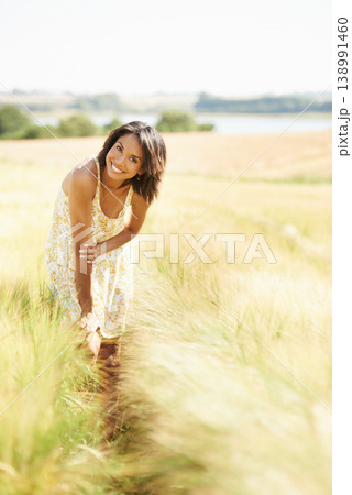 Portrait, wheat or happy woman in field, countryside or nature in summer to relax on break. Smile, wellness or female person in grass for peace or fresh air on an outdoor holiday vacation or travel Portrait, wheat or happy woman in field, countryside or nature in summer to relax on break. Smile, wellness or female person in grass for peace or fresh air on an outdoor holiday vacation or travel 138991460