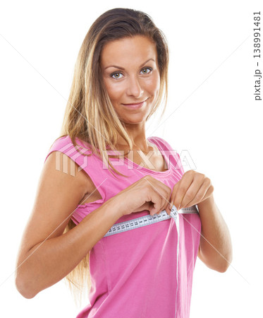Chest, measure tape and woman in happy portrait, breast reduction and plastic surgery in studio mockup. Model, face and smile for bust health, boobs cosmetic and fitness results by white background Chest, measure tape and woman in happy portrait, breast reduction and plastic surgery in studio mockup. Model, face and smile for bust health, boobs cosmetic and fitness results by white background 138991481