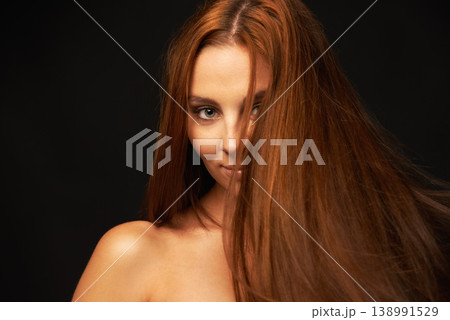 Long hair, portrait or woman with beauty, skincare or results for glow, shine or collagen in studio. Black background, space or happy model with cosmetics for a treatment, healthy texture or growth Long hair, portrait or woman with beauty, skincare or results for glow, shine or collagen in studio. Black background, space or happy model with cosmetics for a treatment, healthy texture or growth 138991529