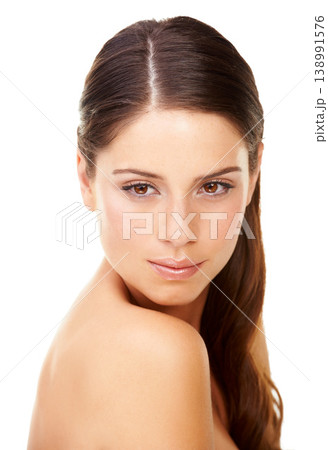 Skincare, woman and confident in studio with beauty, cosmetic and facial wellness for shine on white background. Person, face or pride for glow treatment, healthy aesthetic or dermatology and model Skincare, woman and confident in studio with beauty, cosmetic and facial wellness for shine on white background. Person, face or pride for glow treatment, healthy aesthetic or dermatology and model 138991576