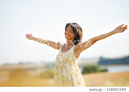 Smile, freedom and woman with arms raised at field outdoor in the countryside in spring. Happy person in nature, eyes closed and relax in garden or farm, breathe fresh air to enjoy vacation or travel 138991599