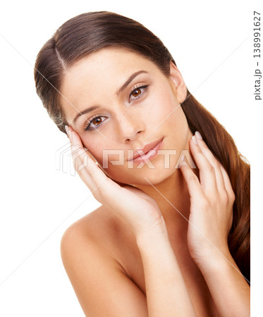 Portrait, beauty and hands with a woman in studio isolated on a white background for natural wellness. Face, aesthetic and luxury skincare cosmetics with a confident young model looking perfect Portrait, beauty and hands with a woman in studio isolated on a white background for natural wellness. Face, aesthetic and luxury skincare cosmetics with a confident young model looking perfect 138991627