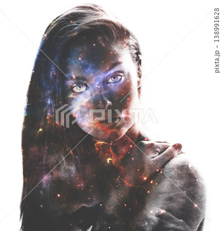 Woman, portrait and double exposure with galaxy, space and fantasy for art, cosmos and shine by white background. Girl, solar system and color with universe, nebula or milky way for night sky on face Woman, portrait and double exposure with galaxy, space and fantasy for art, cosmos and shine by white background. Girl, solar system and color with universe, nebula or milky way for night sky on face 138991628