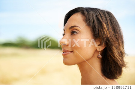 Relax, freedom or woman thinking in field, countryside or outdoor garden in spring, park or nature. Smile, wellness or female person in farm to breathe in fresh air on holiday vacation or travel Relax, freedom or woman thinking in field, countryside or outdoor garden in spring, park or nature. Smile, wellness or female person in farm to breathe in fresh air on holiday vacation or travel 138991711