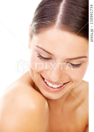 Skincare, woman and smile in studio with beauty, cosmetic and facial wellness for shine on white background. Person, face and happiness for glow treatment, healthy aesthetic or dermatology on mock up Skincare, woman and smile in studio with beauty, cosmetic and facial wellness for shine on white background. Person, face and happiness for glow treatment, healthy aesthetic or dermatology on mock up 138991734