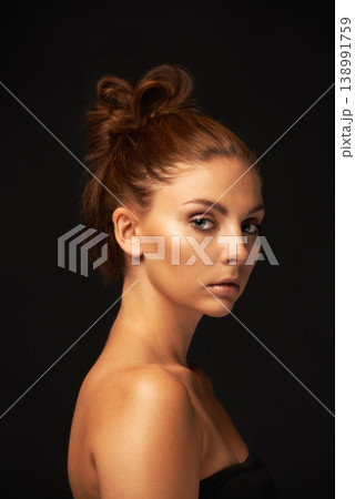 Hair care, portrait or woman with skincare space, beauty or results for glow, shine or collagen in studio. Black background, face or natural model with mockup for treatment, healthy texture or growth Hair care, portrait or woman with skincare space, beauty or results for glow, shine or collagen in studio. Black background, face or natural model with mockup for treatment, healthy texture or growth 138991759