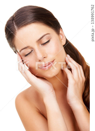 Woman, beauty and eyes closed with hands, face and model for skin, cosmetics and studio background. Fresh, headshot and dermatology for sleep, wellness and clean for facial, isolated and treatment 138991762