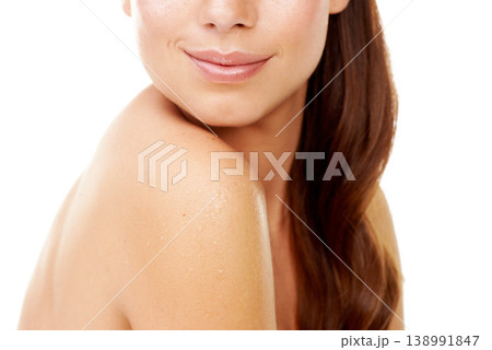 Body, skincare and woman closeup relax in studio, white background or dermatology in beauty salon or spa. Natural, glow and girl with cosmetics, mockup or collagen treatment for skin wellness 138991847