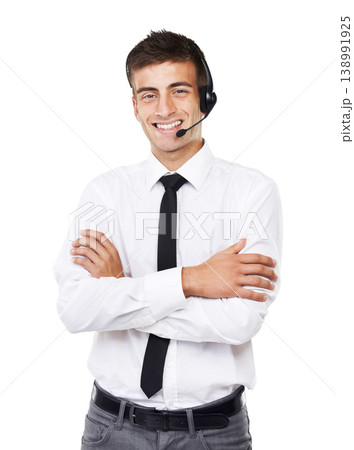 Call center, man and portrait with arms crossed for customer service, CRM questions or IT support in studio on white background. Happy telemarketing salesman, consultant or microphone for telecom FAQ Call center, man and portrait with arms crossed for customer service, CRM questions or IT support in studio on white background. Happy telemarketing salesman, consultant or microphone for telecom FAQ 138991925